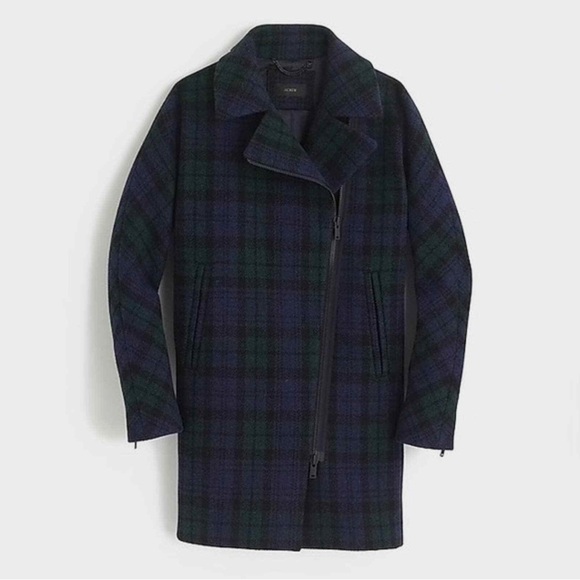 J. Crew 100% Wool Zippered Coat Black Watch Tartan 10 Plaid Academia Peacoat - Picture 3 of 16